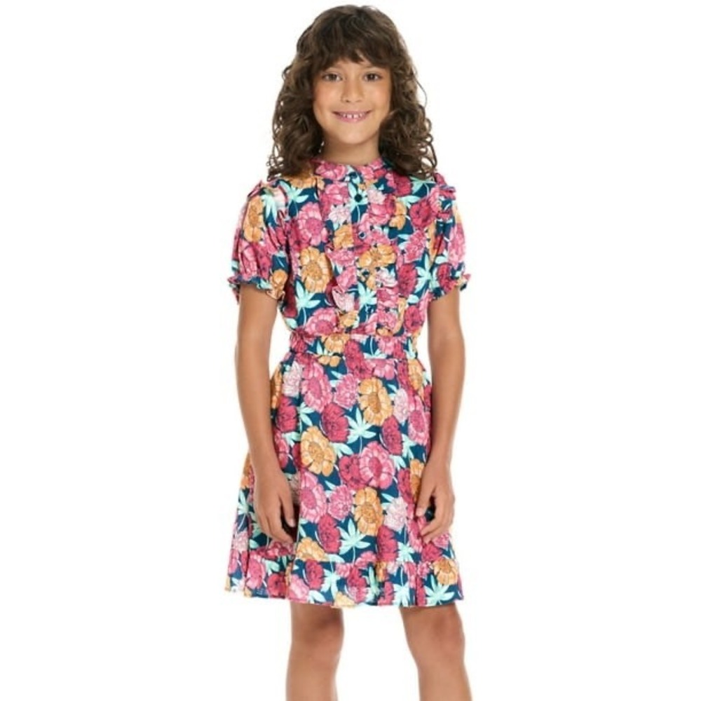 Scotch & Soda Girls Floral Ruffle Dress Pink Yellow Teal Size 6/6X Puff Sleeve